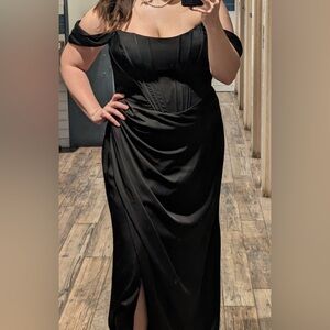 Black Satin Off-the-Shoulder Gown